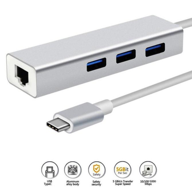 Converter USB Type-C To LAN with HUB 3Port USB 3.0 10/100