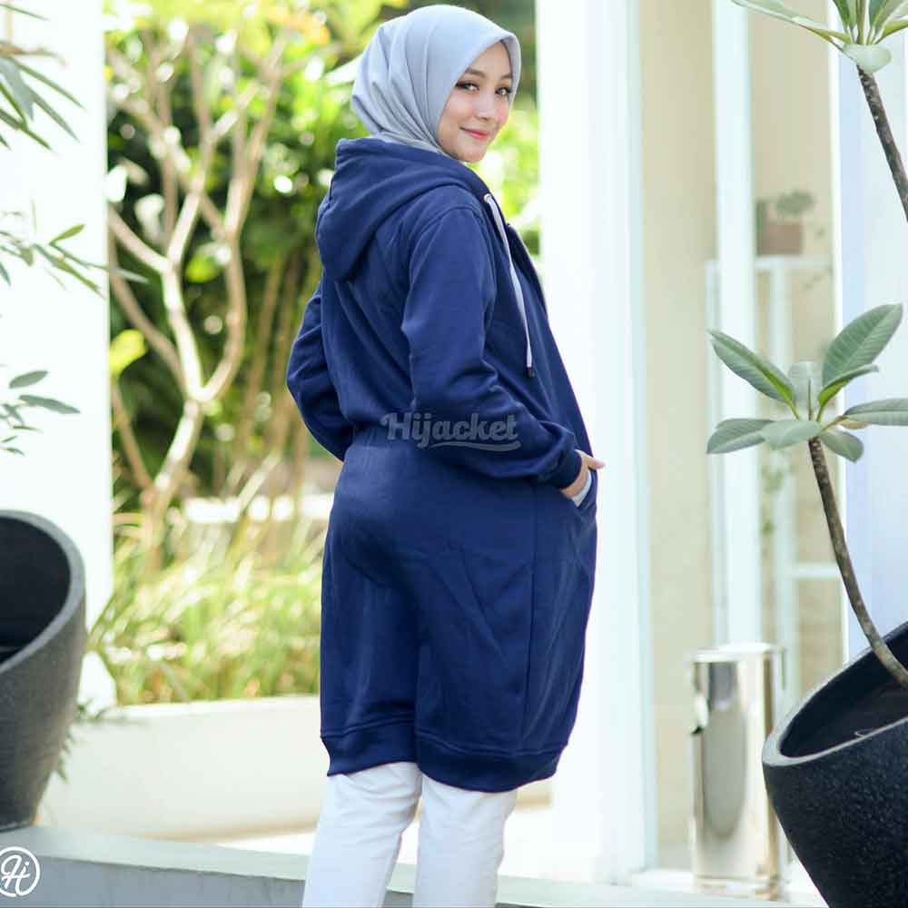 Jaket Jacket Polos Hoodie Panjang Wanita Cewek Cwe Muslimah Hijabers Kekinian Biru Navy Hijacket BC-2