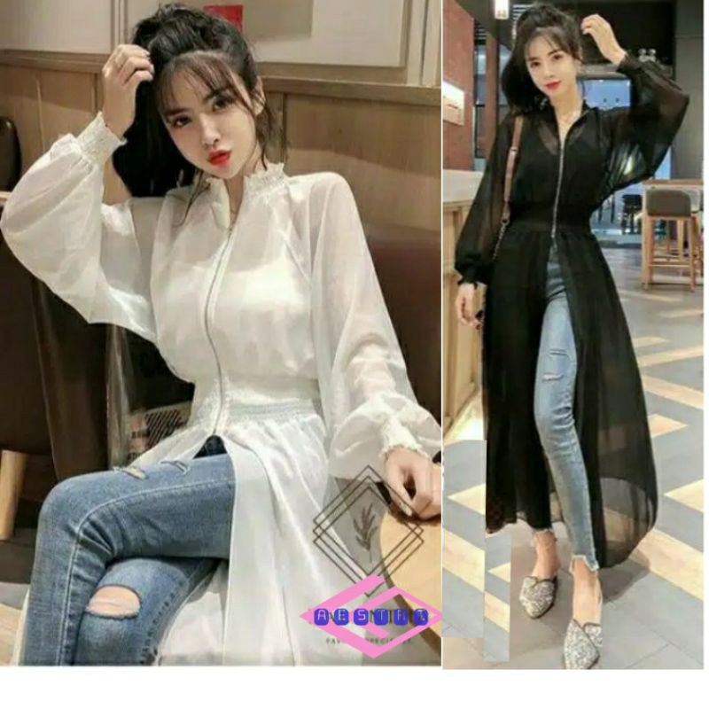 AESTRI outer zipper cardigan / long cardy bangkok / outer chifon putih hitam panjang
