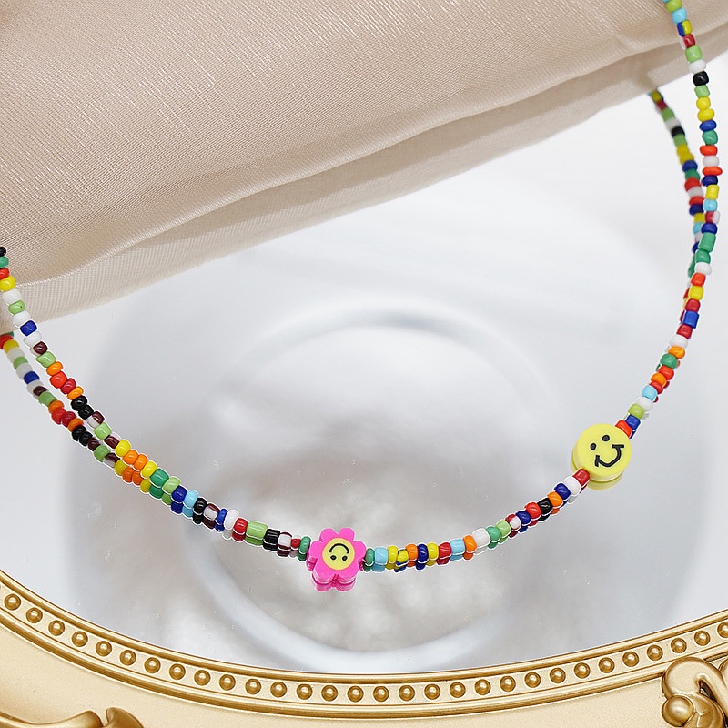 Colorful Smiley Flower Rice Bead Necklace Bohemian Clavicle Chain Necklace