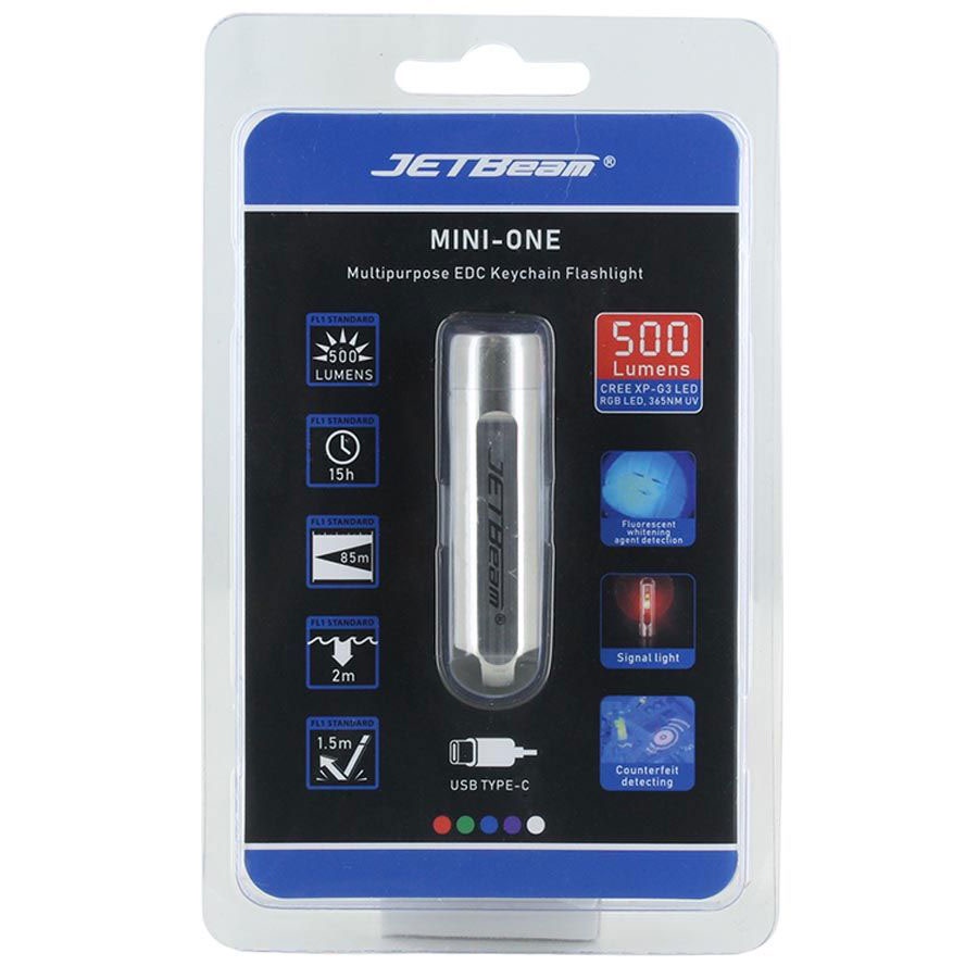 JETBeam Mini One Senter LED USB Rechargeable CREE XP-G3 500 Lumens with RGB + UV Light - Silver