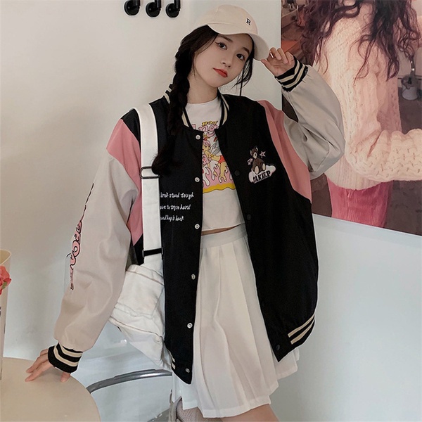 Takkep Bear Baseball Varsity Jacket Premium Fleece Tebal Fit L Outerwear Sweater Remaja Wanita Korean Style | Sweater Wanita Berkancing Desain Terbaru Classic Fashion Terkini