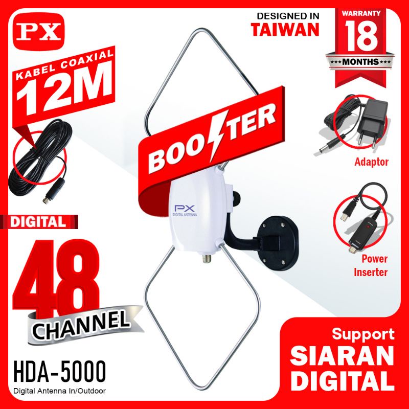 Antena TV In/Outdoor PX HDA-5000 Digital TV DVB-T2 dengan Booster dan Power Inserter