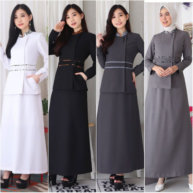 Jas Wanita Kerja Blazer Pemda PNS Set Rok A Seragam Pemda Guru Pdh Pdl ASN PNS Setelan Rok A Khaki Muda Motif Batik Hitam Abu Muda Abu Tua Putih Baju Dinas Wanita Baju Kerja Wanita