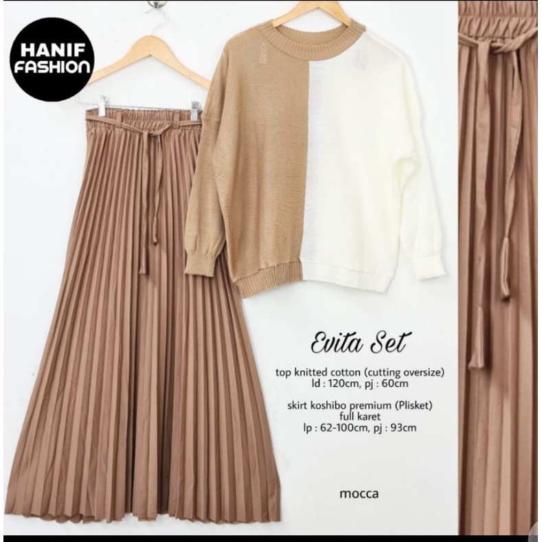 Setelan rok plisket Evita Set oneset rok plisket dan atasan rajut setelan rok dan atasan oversize
