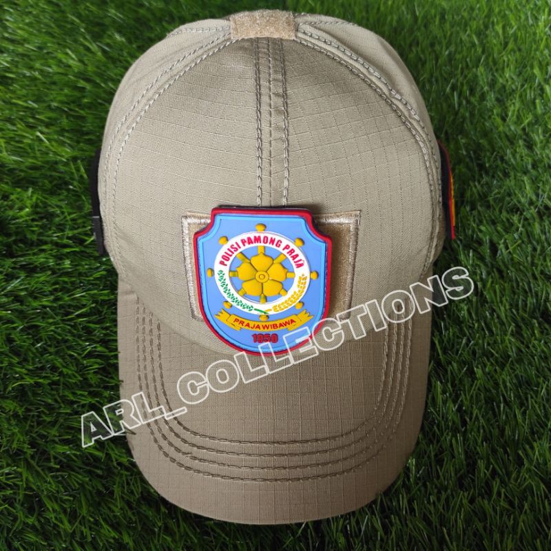 TOPI POL PP BDU VELCRO CREAM TAN PLUS 3 LOGO PATCH RUBBER/TOPI SATPOL PP MODEL LOGO TIMBUL