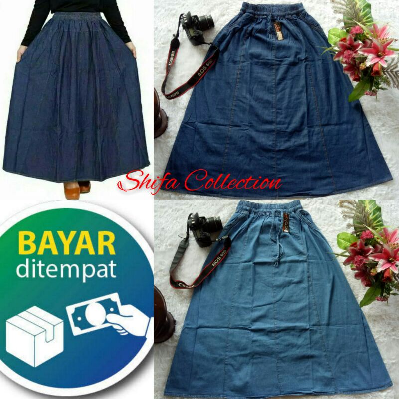 Rok Jeans / Rok Panjang / Rok Dewasa / Rok Wanita Model Peca 8 - Bahan Jeans - Ukuran All Size / Dewasa (BB 40-70 kg)