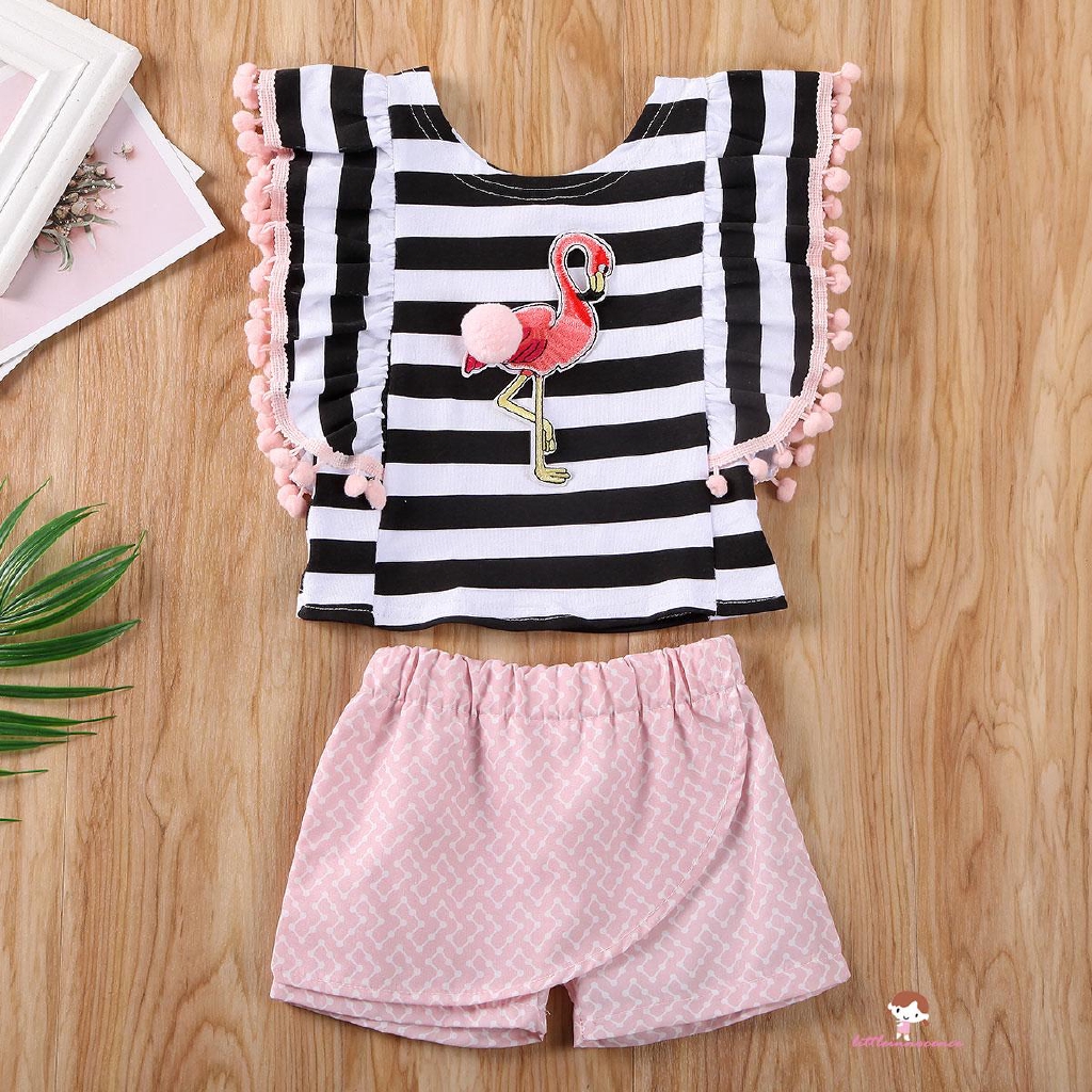 Toddler Kid Baby Girls Lace Flying Sleeve Button Striped Ruffled Top+Bowknot Shorts Outfit Clothes Set