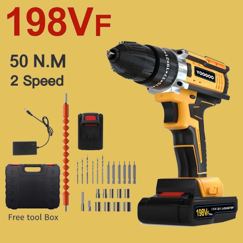 Mesin Bor Cordless/Bor Baterai/ Bor Listrik/Beton Besi Kayu Full 198VF Set Pilihan Bor Tanpa Kabel