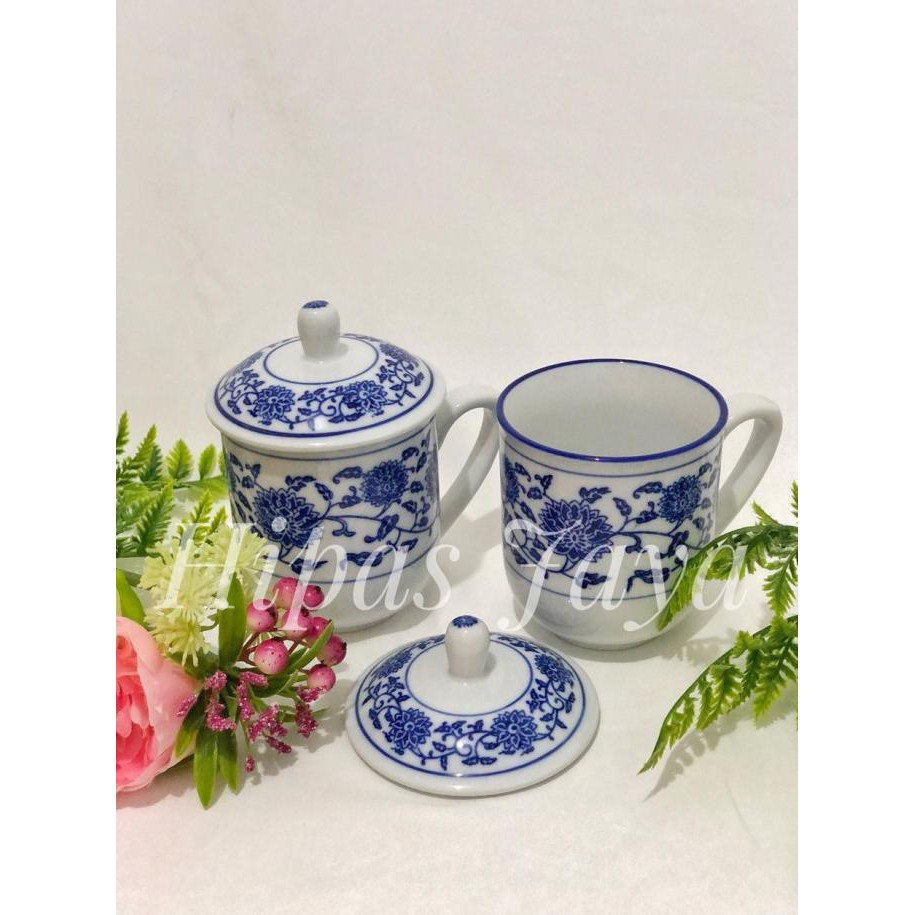 Mug/Cangkir Dengan Tutup Kansai Import Keramik Biru Putih