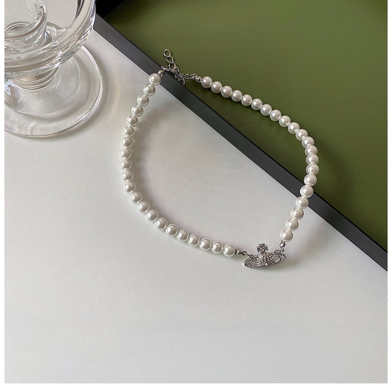 Pearl Full Diamond Planet Necklace Accessories Short Clavicle Chain Light Luxury Retro