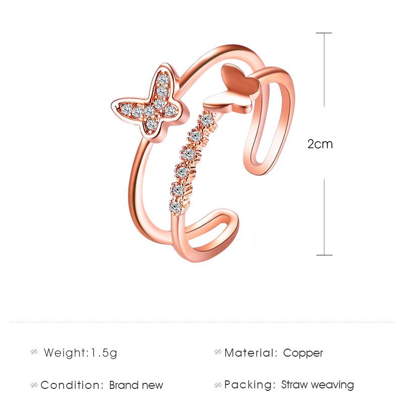 【CandyCat】Fashion Perhiasan Eropa Dan Amerika Cincin Kupu-kupu Ganda Perempuan Populer Naik Cincin Pembukaan Berlian Disesuaikan-8