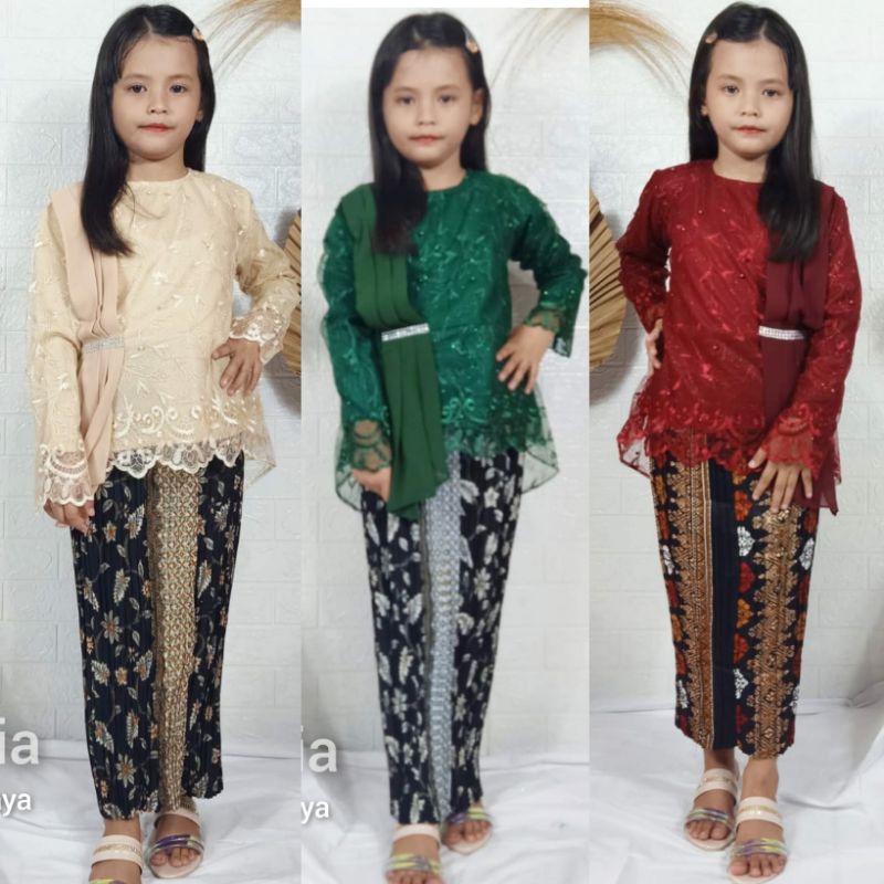 SETELAN KEBAYA ANAK TILLE SELENDANG + ROK PLSIKET BATIK ANAK / BAJU KEBAYA WANITA MUSLIM ANAK MODERN / SET KEBAYA ANAK PEREMPUAN BUAT ACARA WISUDA PESTA KARTINIAN SERAGAMAN TERMURAH MEWAH WARNA MOCCA SILVER