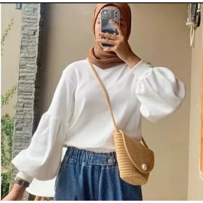 Atasan Wanita Lengan Balon/Baju Wanita Polos Oblong Lengan Balon/Pakian Wanita Rib Rajut Lengan Balo