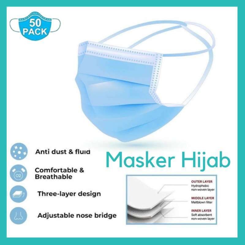 Masker 3ply Hijab Headloop Warna BIRU isi 50pcs per box 3 PLY 50 Pcs 1box Jilbab Earloop perbox kotak Disposable Mask Head Loop BLUE