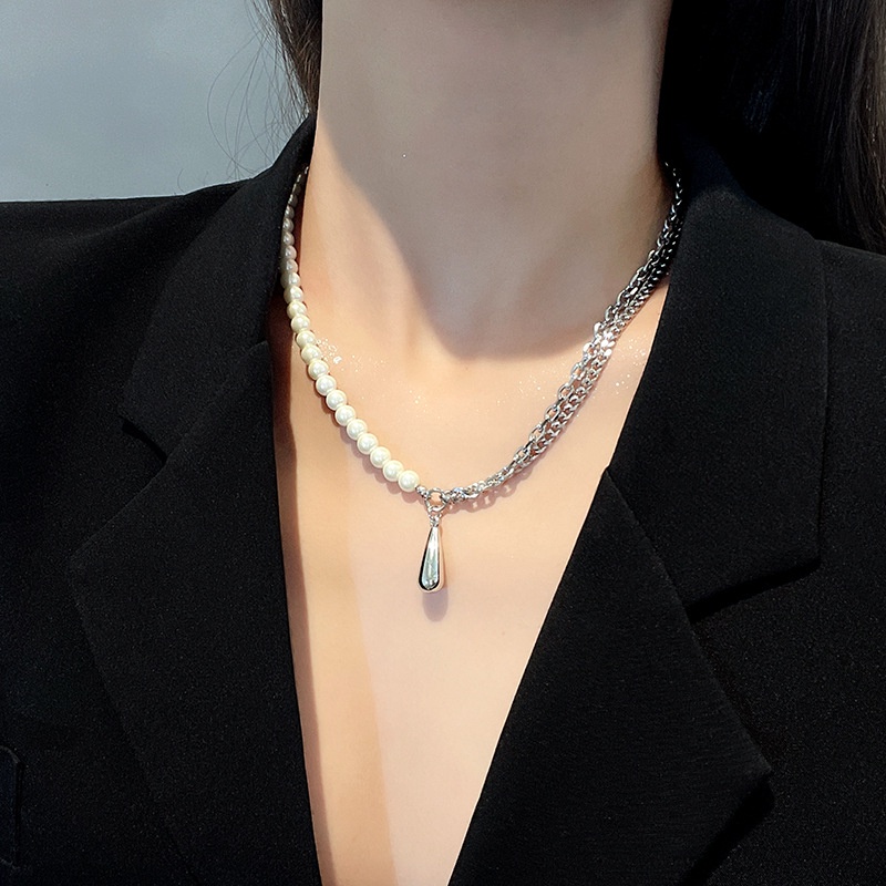 Kalung Liontin Bentuk Tetesan Air Bahan Titanium steel Aksen Mutiara