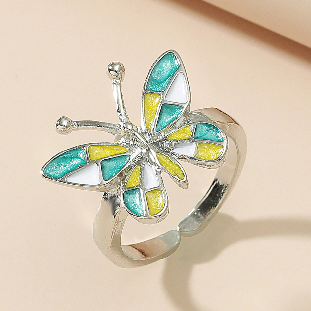 【MHANG】Cincin Kupu-kupu Tiga Dimensi Warna Retro Modis Cincin Wanita Logam Yang Dapat Disesuaikan Dengan Pembukaan Sederhana