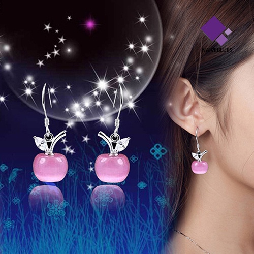 Anting Kait Gantung Bahan Sterling Silver 925 Desain Apel Hias Opal + Zircon Untuk Wanita