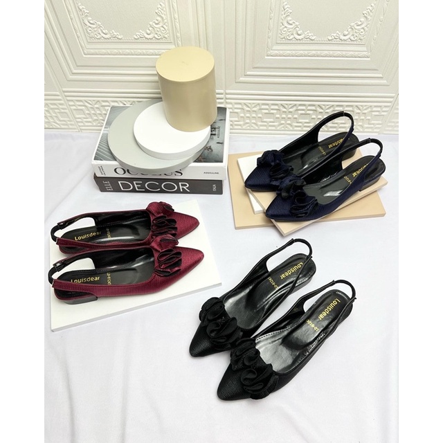 sepatu flat shoes wanita terbaru kekinian pesta LOUISDEAR sepatu flat heel 2 cm bahan satin hbm tali belakang B46