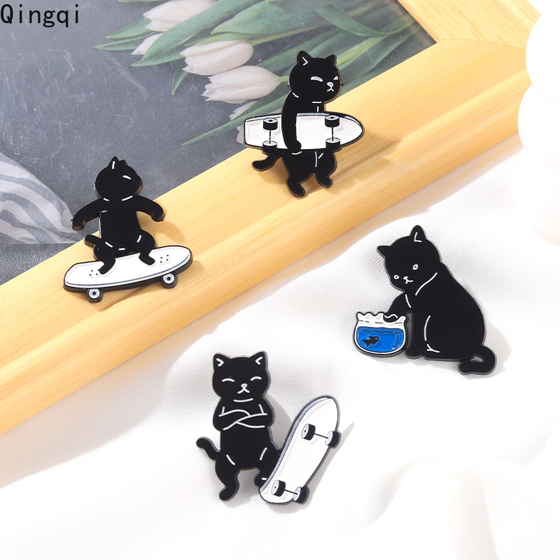 Bros Pin Enamel Bentuk Kucing Hitam Skateboarding Untuk Aksesoris Kerah