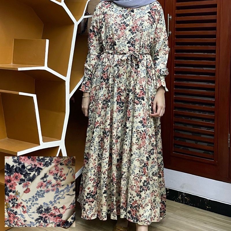 [SIZE STANDAR VOL 1] Floral dress maxi dress panjang gaun casual bunga wanita-Cream yellow 3 ruffl
