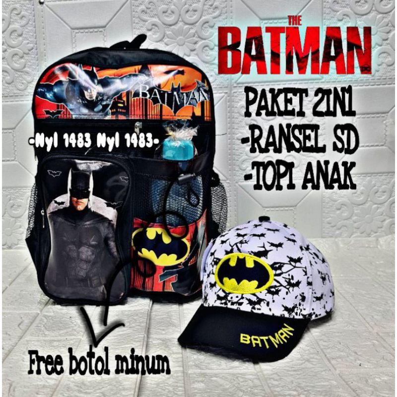 Tas ransel anak laki-laki karakter Batman 2in1 gratis botol minum - tas anak