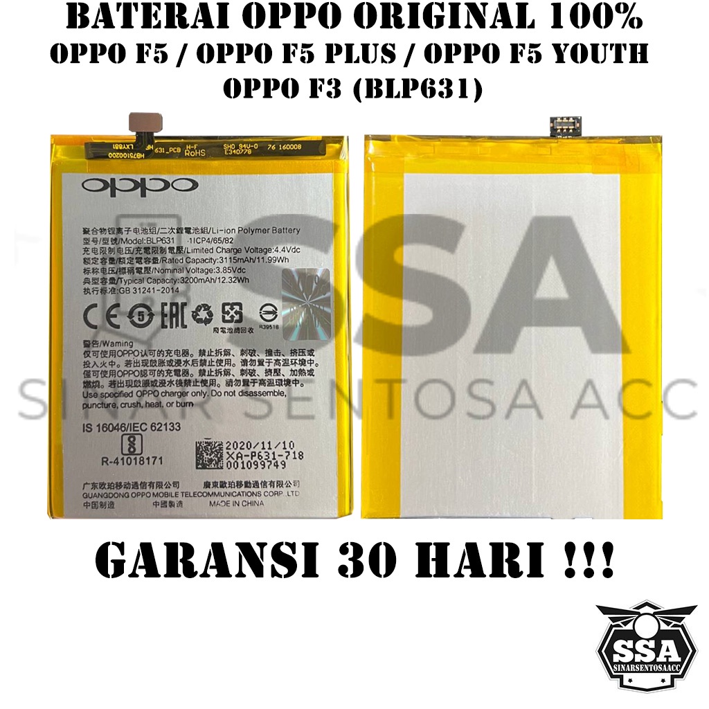 Baterai Original 100% Oppo F5 F3 F5 Youth F5 Plus F5+ BLP631 BLP-631 BLP 631 Battery Batrai Batu Batre Batrei HP Ori Garansi