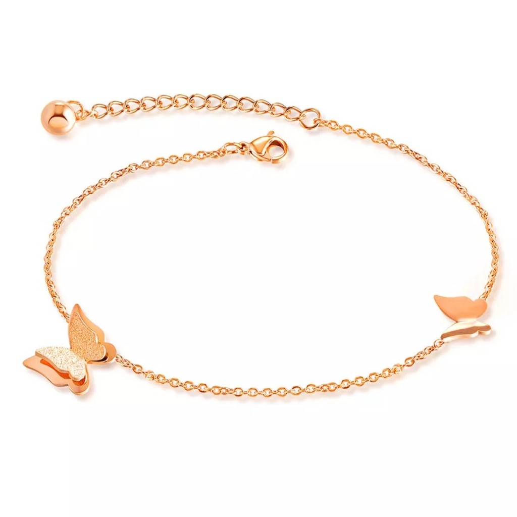 Gelang Tangan Titanium Aksen 2 Kupu - Kupu Warna Rosegold, Gold dan Silver-Rosegold