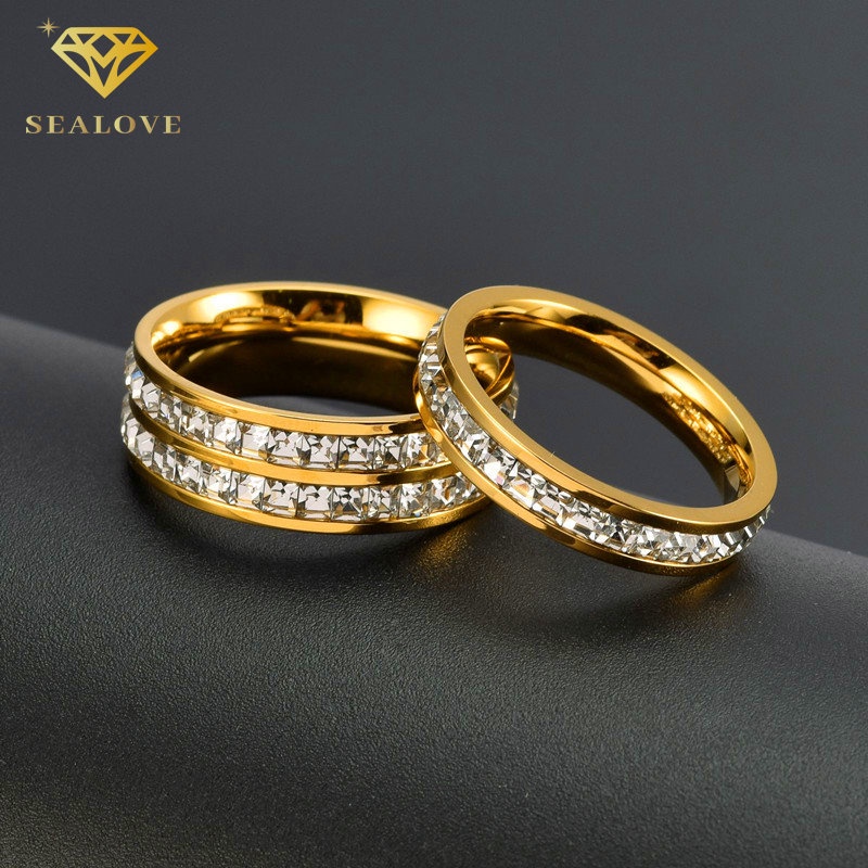 SEALOVE Wanita Titanium Cincin Anti Karat 18K Emas Penuh Berlian diamond ring Perhiasan Premium Korea Hadiah