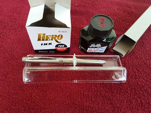 Paket Murah Fountain Pen Genius Titanium Shiny Pena Pulpen Nib M Dan Tinta Hero Ink Original