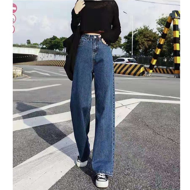 Biru laut Highwaist Wanita Loose Berkaki Lebar Denim Celana Jens Wanita