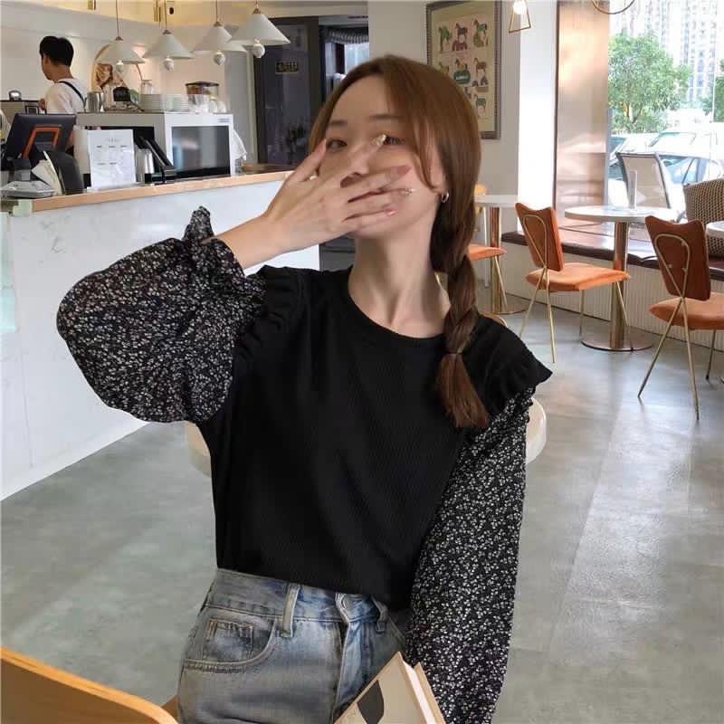 Mindy Ruffle Combine Top Wanita Korean Style - Blouse Lengan Baloon Ruffle Wanita- RIB