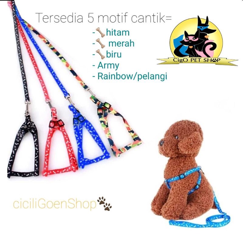 Harness pet anjing kucing kelinci murah leash tali rompi dog cat hewan motif paws tulang