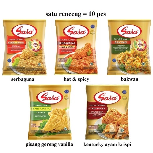 

Grosir Sasa tepung bumbu serbaguna, kentucky, pisang goreng, bakwan, hot spicy kemasan 75 gram (satu renceng = 10 pcs)