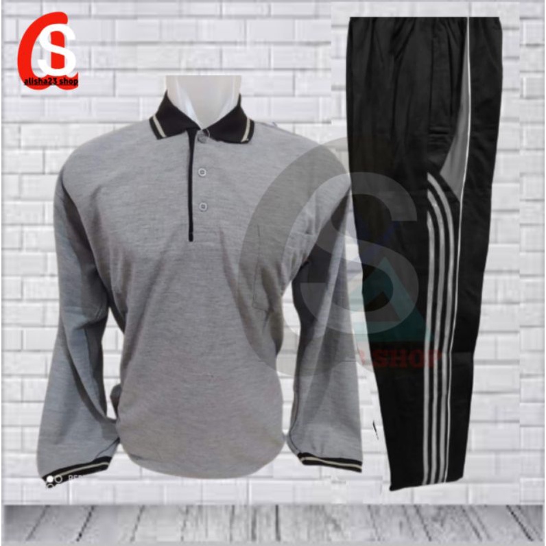 SETELAN TRAINING KAOS BERKERAH LENGAN PANJANG SATU SET PAKAIAN OLAHRAGA PRIA/WANITA BAJU BERKERAH TA