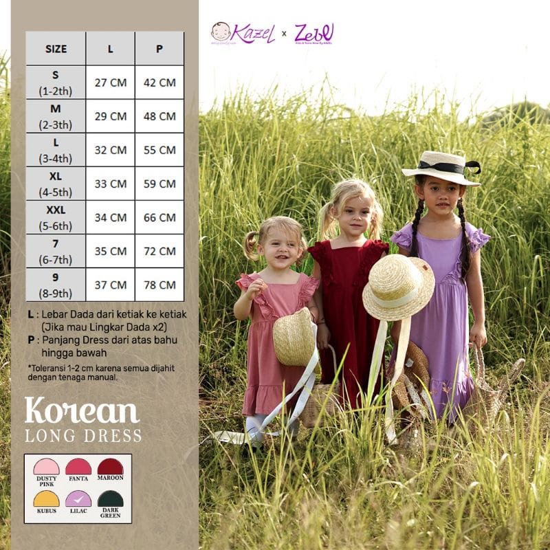 Kazel x Zebe Korean Long Dress - Baju Terusan Anak Perempuan  (KZL-KLD) WARNA RANDOM