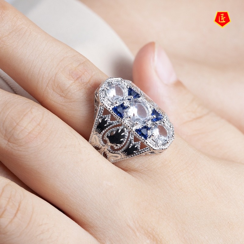 [Ready Stock]Luxury Topaz Sapphire Hollow Pattern Ring