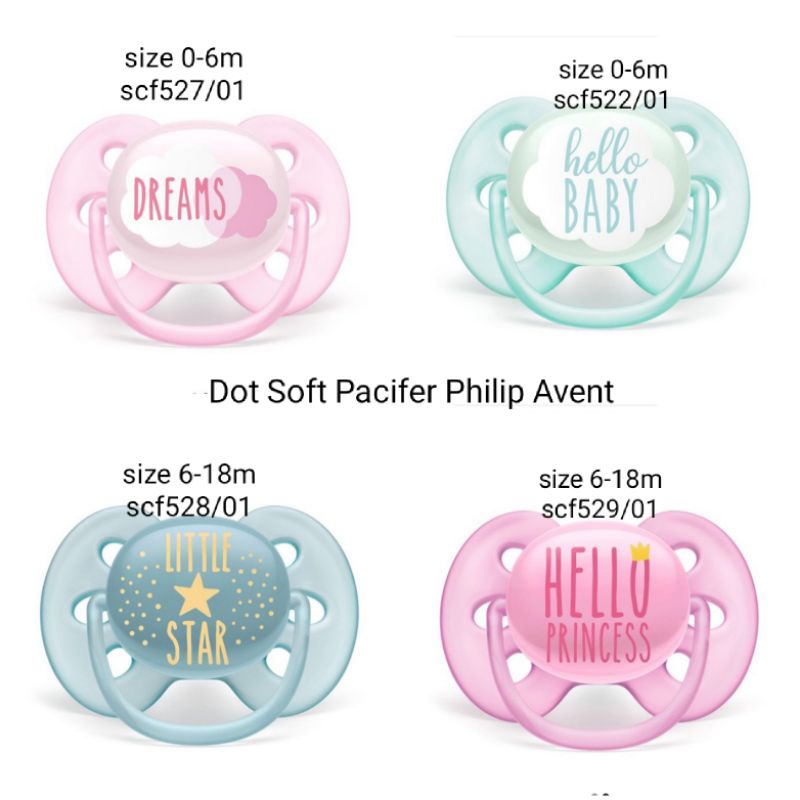 Philip Avent Soother Soft, curved soothie, Empeng Dot Bayi Avent soft 0-6m 6-18m