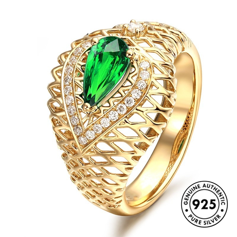 Cincin Lapis Silver 925 Model Hollow Dengan Emerald Untuk Wanita