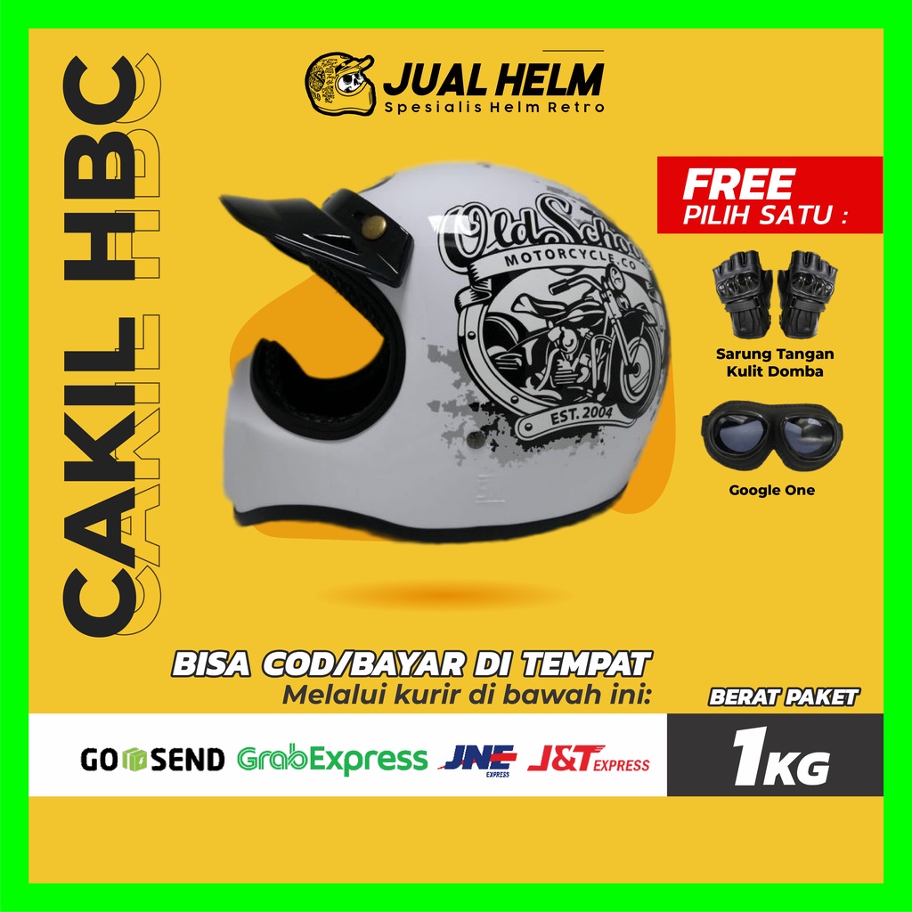 HELM CAKIL HBC NEW OLD SCHOOL PUTIH WHITE ( Fullface / Retro / Klasik / Vespa )