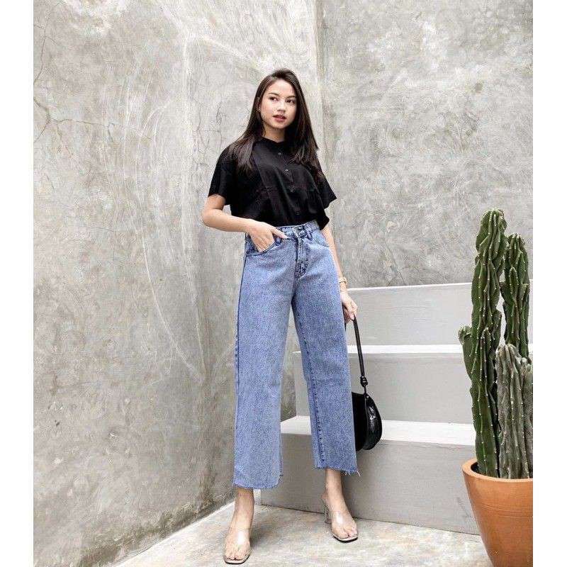 BISA COD! HIGH WAIST KULOT JEANS - WIDE LEG JEANS RAWIS - SNOW BLACK SNOW BLUE