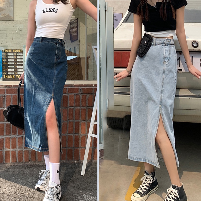 rok denim pinggang tinggi rok midi korea style high waist retro rok a-line