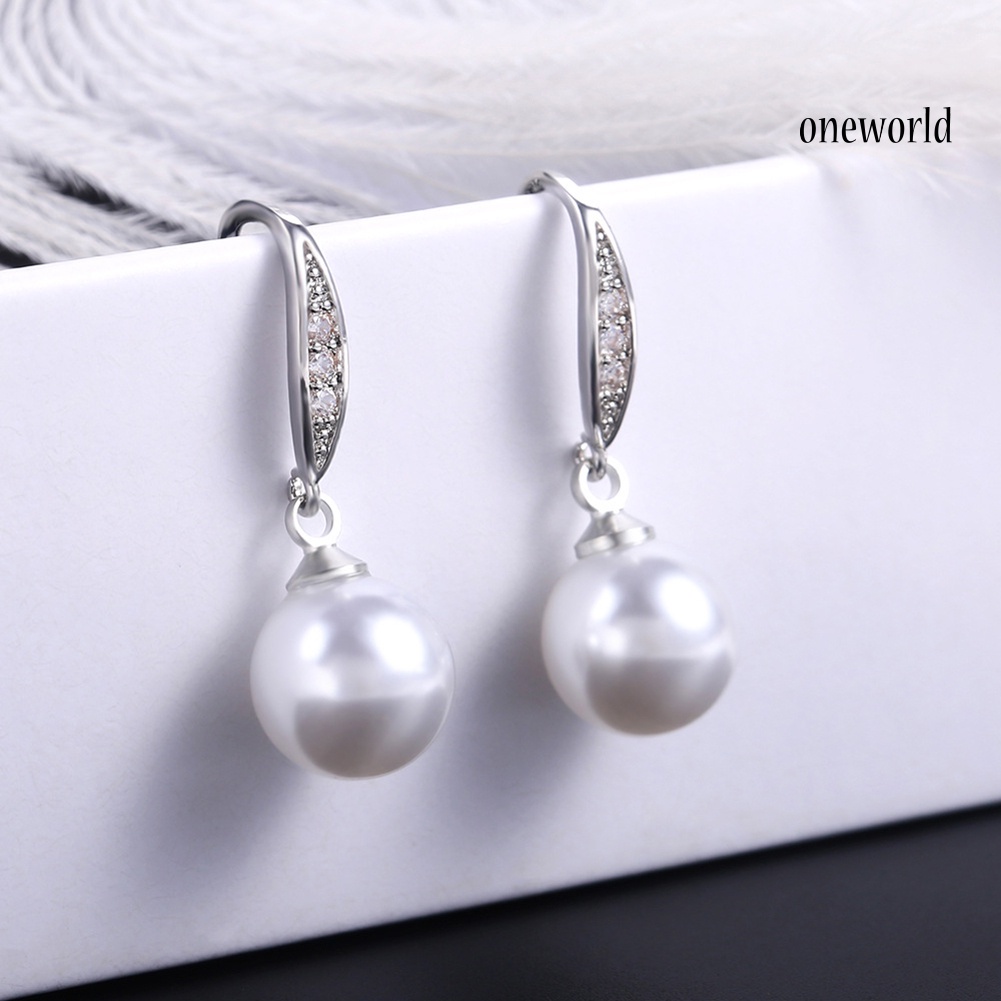 OW# Elegant Women Rhinestone Inlaid Faux Pearl Dangle Hook Earrings Jewelry Gift