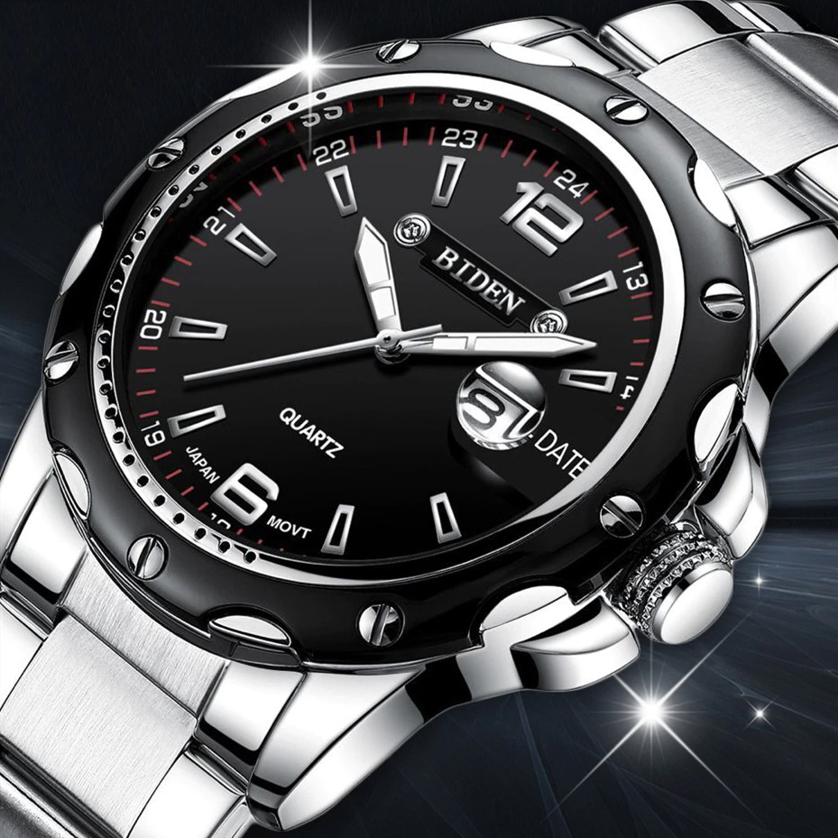 Original BIDEN Jam Tangan Pria Original Tahan Air Kuarsa Otomatis Date Tali Stainless Steel Jam