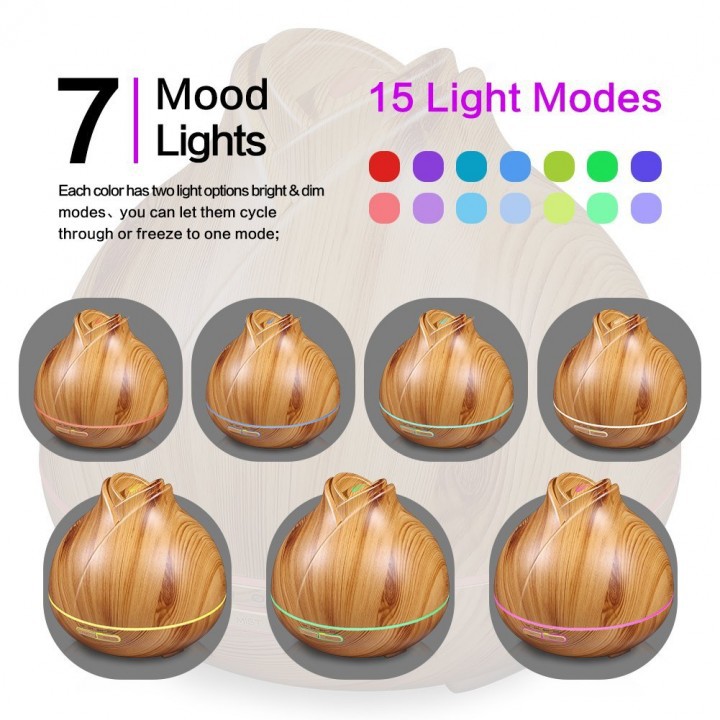 H18 Wooden Humidifier Aroma Diffuser 7 Color LED Light 400ml Brown