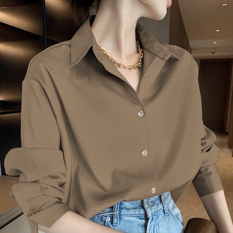 [S.T] Korean Women's Shirt Elegant Basic Top Long Sleeve Kemeja Wanita Lengan Panjang 2834