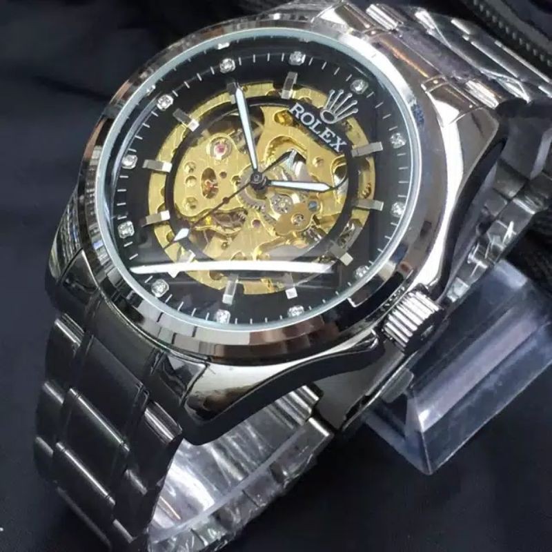 Jam Tangan Pria Otomatis Skeleton Rolex Big Chain Mata Balok