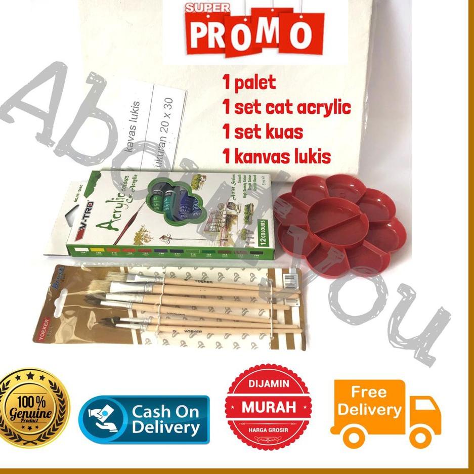 

<U-ABW <☼ // PAKET LUKIS KOMPLIT 4 in 1 KANVAS Besar Cat Akrilik Palet Kuas Set Melukis Lengkap <trending