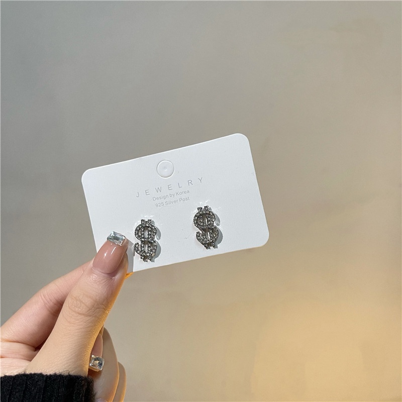 S925 Silver Money Symbol Stud Earring Trendy Rhinestone Earrings Fashion Jewelry Accessories