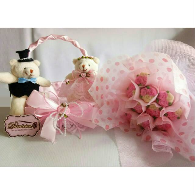 .Paket coklat boneka - boneka teddy bear pasangan+ keranjang + buket coklat bunga 3D cantik unik ( d